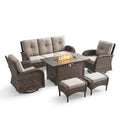 Patio Furniture Set Built for Year-Round Gatherings, 7 Piece with Fire Pit, Rattan Wicker, Beige Cushions