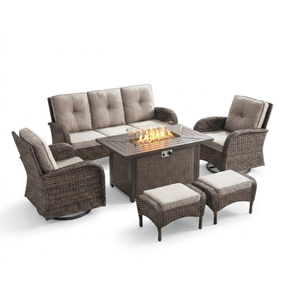 Patio Furniture Set Built for Year-Round Gatherings, 7 Piece with Fire Pit, Rattan Wicker, Beige Cushions