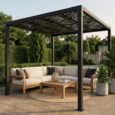Aluminum Pergola Designed for Small Outdoor Spaces, 8x8 Ft Modern Frame, Matte Black Powder Coat, Easy Assembly
