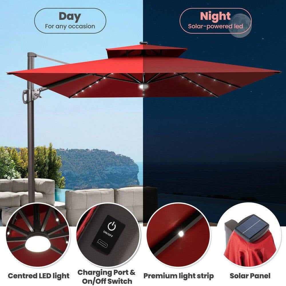 11 Ft. X 9 Ft. Cantilever Patio Umbrella with Solar LED Lights Tiltable Outdoor Offset Umbrella in Red W/ Cross Stand
