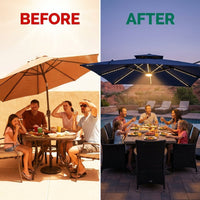 11 Ft. X 11 Ft. Solar Lighted Aluminum Cantilever Patio Umbrella in Navy Blue Outdoor Offset Umbrella with Central Light — Before & After