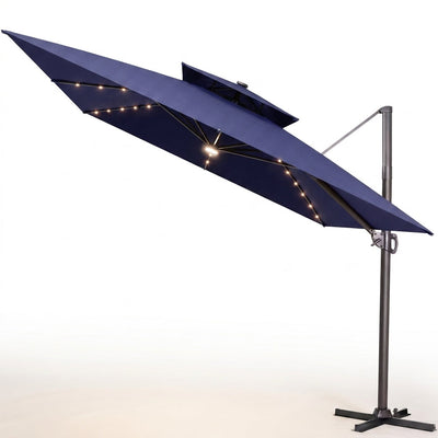Cantilever Patio Umbrella Built for Large Outdoor Dining, 11x11 Ft Coverage, 50 LED Solar Lights, Navy Blue