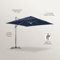 11 Ft. X 11 Ft. Solar Lighted Aluminum Cantilever Patio Umbrella in Navy Blue Outdoor Offset Umbrella with Central Light — infographic