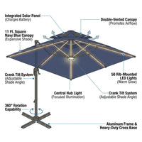 11 Ft. X 11 Ft. Solar Lighted Aluminum Cantilever Patio Umbrella in Navy Blue Outdoor Offset Umbrella with Central Light — How It Works