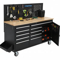 61-Inch Rolling Tool Chest, 10 Drawers Garage Workbench Storage Tool Cabinet with Power Strip, Solid Rubber Wood Top, 1675 LBS Load Mobile Workstation, Heavy Duty Rolling Cabinet
