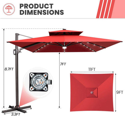 11 Ft. X 9 Ft. Cantilever Patio Umbrella with Solar LED Lights Tiltable Outdoor Offset Umbrella in Red W/ Cross Stand