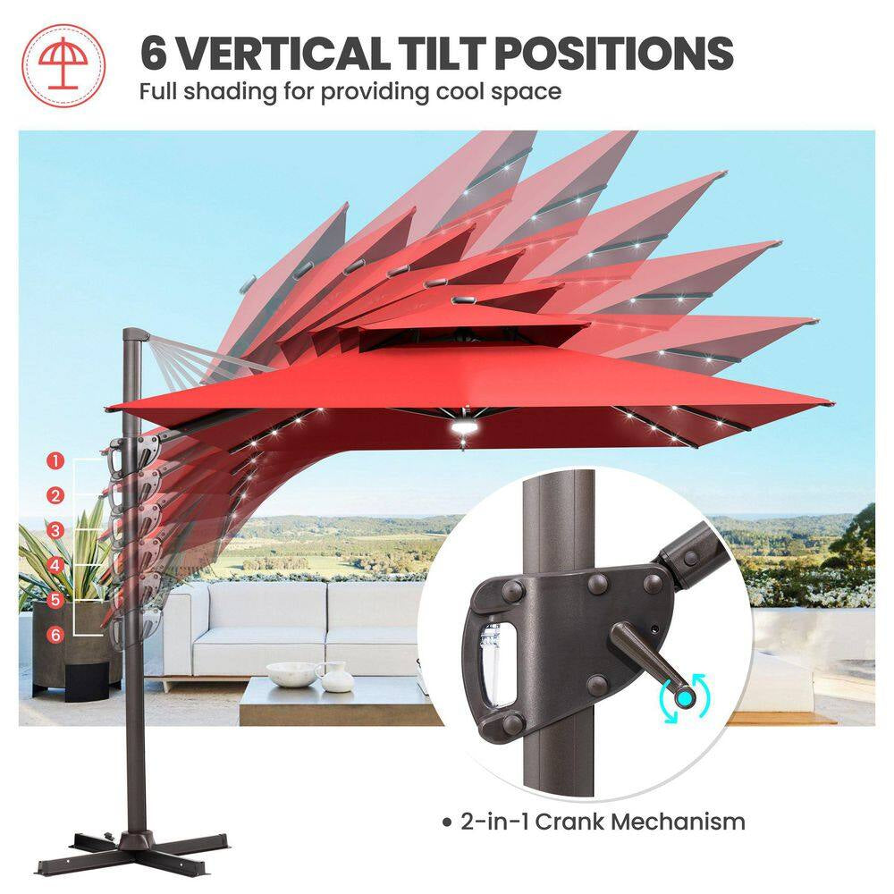 11 Ft. X 9 Ft. Cantilever Patio Umbrella with Solar LED Lights Tiltable Outdoor Offset Umbrella in Red W/ Cross Stand