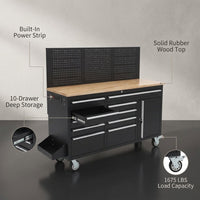 61-Inch Rolling Tool Chest, 10 Drawers Garage Workbench Storage Tool Cabinet with Power Strip, Solid Rubber Wood Top, 1675 LBS Load Mobile Workstation, Heavy Duty Rolling Cabinet — infographic