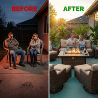 7 Piece Outdoor Patio Furniture Set, Patio Furniture Set with Fire Pit Table Rattan Wicker Patio Furniture Set, Brown Wicker & Beige Cushion — Before & After