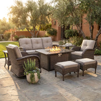 7 Piece Outdoor Patio Furniture Set, Patio Furniture Set with Fire Pit Table Rattan Wicker Patio Furniture Set, Brown Wicker & Beige Cushion — Studio Shot
