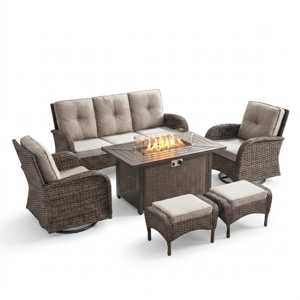 7 Piece Outdoor Patio Furniture Set, Patio Furniture Set with Fire Pit Table Rattan Wicker Patio Furniture Set, Brown Wicker & Beige Cushion — Studio Shot