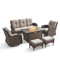 7 Piece Outdoor Patio Furniture Set, Patio Furniture Set with Fire Pit Table Rattan Wicker Patio Furniture Set, Brown Wicker & Beige Cushion — Studio Shot