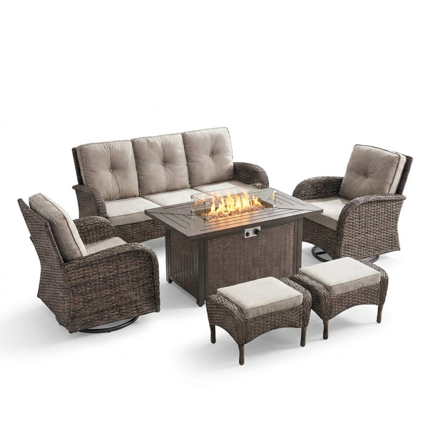 7 Piece Outdoor Patio Furniture Set, Patio Furniture Set with Fire Pit Table Rattan Wicker Patio Furniture Set, Brown Wicker & Beige Cushion — Studio Shot
