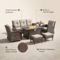 7 Piece Outdoor Patio Furniture Set, Patio Furniture Set with Fire Pit Table Rattan Wicker Patio Furniture Set, Brown Wicker & Beige Cushion — infographic