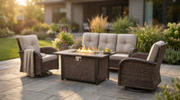 7 Piece Outdoor Patio Furniture Set, Patio Furniture Set with Fire Pit Table Rattan Wicker Patio Furniture Set, Brown Wicker & Beige Cushion — Lifestyle