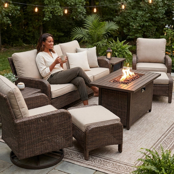 Patio Furniture Set Built for Year-Round Gatherings, 7 Piece with Fire Pit, Rattan Wicker, Beige Cushions