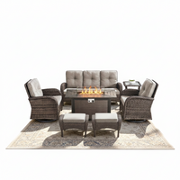 Patio Furniture Set Built for Year-Round Gatherings, 7 Piece with Fire Pit, Rattan Wicker, Beige Cushions