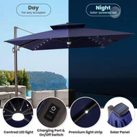 11 Ft. X 11 Ft. Solar Lighted Aluminum Cantilever Patio Umbrella in Navy Blue Outdoor Offset Umbrella with Central Light