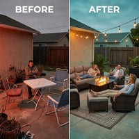 9-Piece Outdoor Patio Furniture Set with Fire Pit Table,Swivel Chairs and 6" Thick Cushions,Sectional Sofa and Ottomans,Patio Conversation Set for Porch Deck Garden Backyard — Before & After