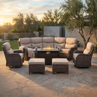 9-Piece Outdoor Patio Furniture Set with Fire Pit Table,Swivel Chairs and 6" Thick Cushions,Sectional Sofa and Ottomans,Patio Conversation Set for Porch Deck Garden Backyard — Studio Shot