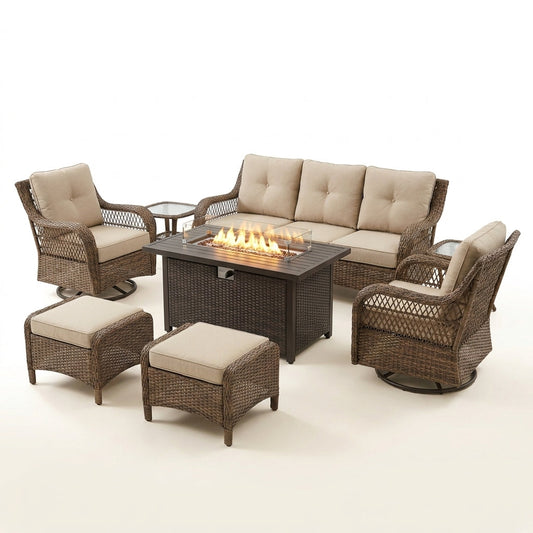 9-Piece Outdoor Patio Furniture Set with Fire Pit Table,Swivel Chairs and 6" Thick Cushions,Sectional Sofa and Ottomans,Patio Conversation Set for Porch Deck Garden Backyard — Studio Shot