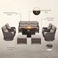 9-Piece Outdoor Patio Furniture Set with Fire Pit Table,Swivel Chairs and 6" Thick Cushions,Sectional Sofa and Ottomans,Patio Conversation Set for Porch Deck Garden Backyard — infographic