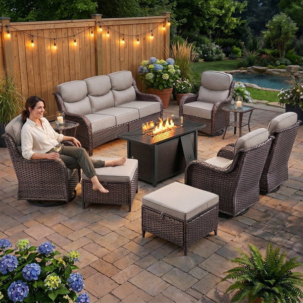Outdoor Patio Furniture Set Built for Year-Round Entertaining, Fire Pit Table, Swivel Chairs, 6-Inch Cushions