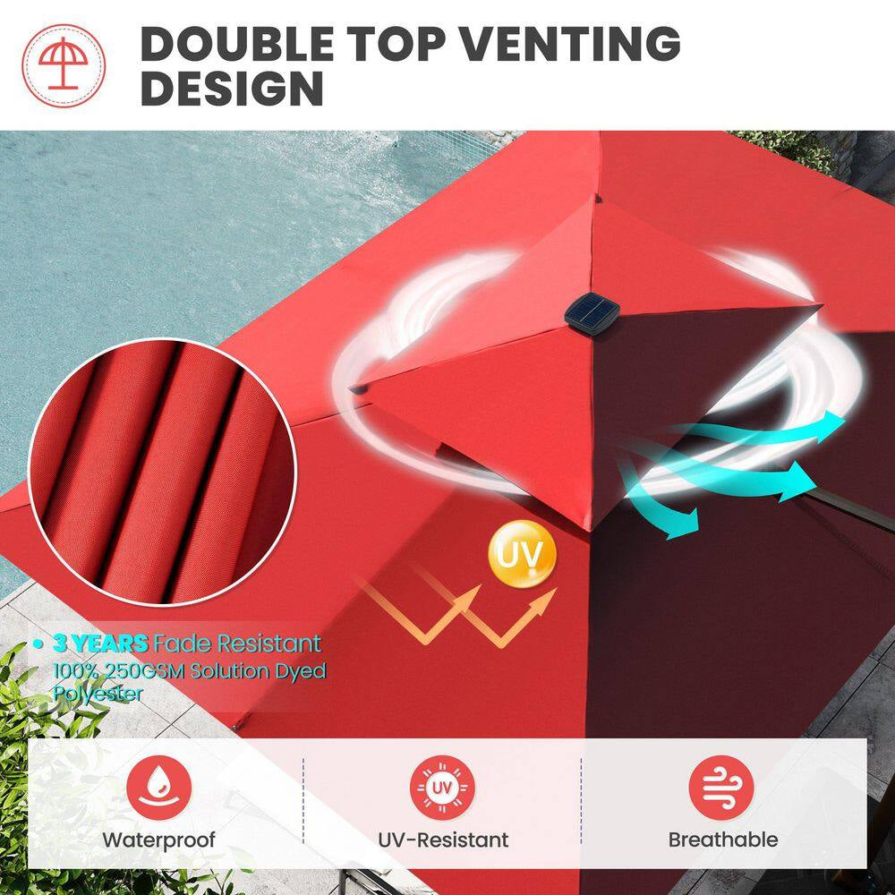 11 Ft. X 9 Ft. Cantilever Patio Umbrella with Solar LED Lights Tiltable Outdoor Offset Umbrella in Red W/ Cross Stand