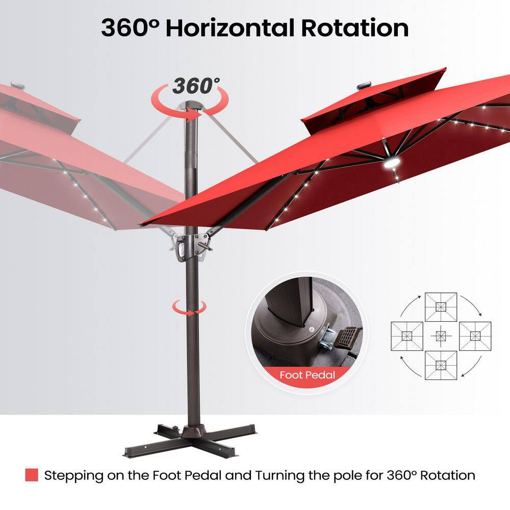 11 Ft. X 9 Ft. Cantilever Patio Umbrella with Solar LED Lights Tiltable Outdoor Offset Umbrella in Red W/ Cross Stand