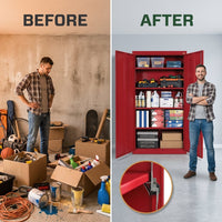 Elite Series 46 In. W X 72 In. H X 24 In. D 22-Gauge 5-Shelf Steel Freestanding Garage Storage Cabinet in Red — Before & After