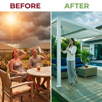 Louvered Pergola Built for Year-Round Shade, 12x20 Aluminum Frame, Reinforced Steel Roof, Weatherproof — Before & After