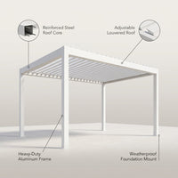 Louvered Pergola Built for Year-Round Shade, 12x20 Aluminum Frame, Reinforced Steel Roof, Weatherproof — infographic