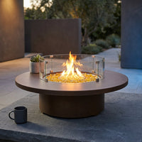 Outdoor Propane Fire Pit Coffee Table W Wind Guard, Amber Yellow Fire Glass — Studio Shot