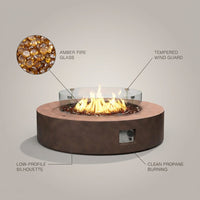 Outdoor Propane Fire Pit Coffee Table W Wind Guard, Amber Yellow Fire Glass — infographic