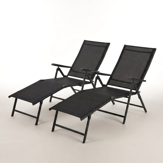 Set of 2 Outdoor Adjustable Chaise Lounge Chair Patio Folding Recliner Lounge Black — Studio Shot