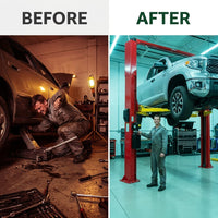Two Post Car Lift Built to Handle 12,000 Lbs, Extra Height 167 Inch, Synchronized Hydraulic Drive, Red — Before & After