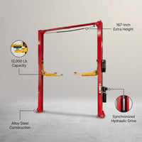 Two Post Car Lift Built to Handle 12,000 Lbs, Extra Height 167 Inch, Synchronized Hydraulic Drive, Red — infographic