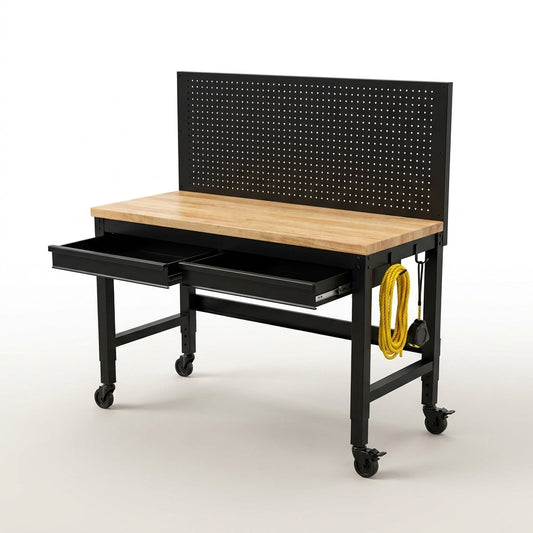 Work Bench 48" Adjustable Height, Heavy-Duty Portable Workbench with Power Outlets and Drawer for Garage & Workshop, 2000 LBS Load Capacity Large Pegboard, Work Table for Office, Home, Easy Assembly — Studio Shot