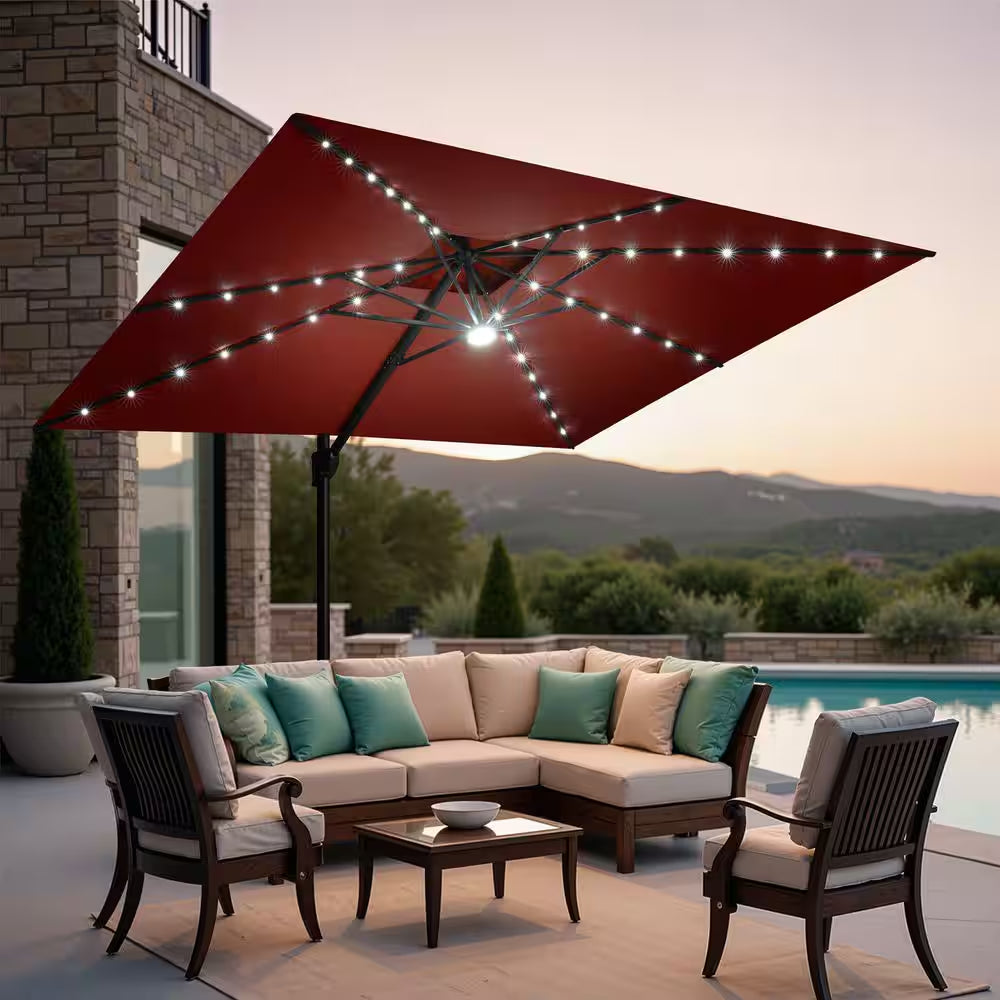 11 Ft. X 9 Ft. Cantilever Patio Umbrella with Solar LED Lights Tiltable Outdoor Offset Umbrella in Red W/ Cross Stand
