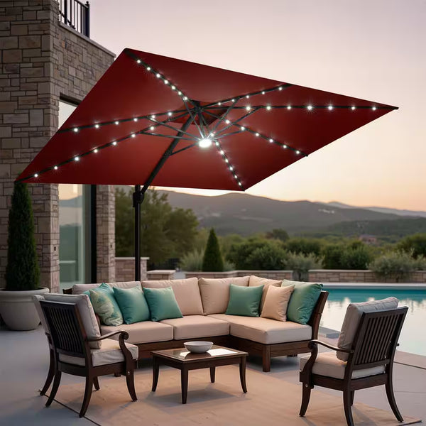 11 Ft. X 9 Ft. Cantilever Patio Umbrella with Solar LED Lights Tiltable Outdoor Offset Umbrella in Red W/ Cross Stand
