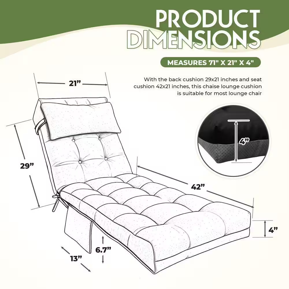Outdoor Lounge Chair Cushions Waterproof Lounge Chair Cushion with Headrest 71 X 21 X 4 In. (Black)