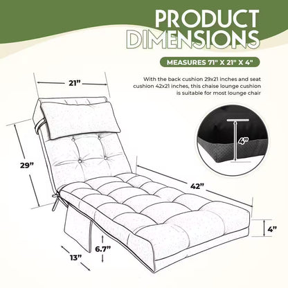 Outdoor Lounge Chair Cushions Waterproof Lounge Chair Cushion with Headrest 71 X 21 X 4 In. (Black)