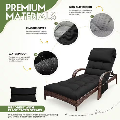 Outdoor Lounge Chair Cushions Waterproof Lounge Chair Cushion with Headrest 71 X 21 X 4 In. (Black)