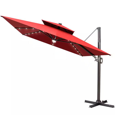 11 Ft. X 9 Ft. Cantilever Patio Umbrella with Solar LED Lights Tiltable Outdoor Offset Umbrella in Red W/ Cross Stand