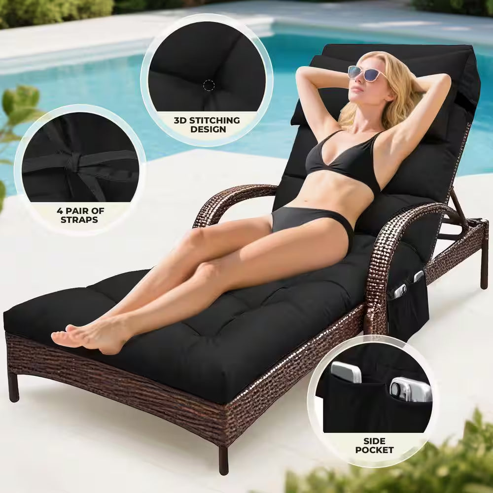 Outdoor Lounge Chair Cushions Waterproof Lounge Chair Cushion with Headrest 71 X 21 X 4 In. (Black)