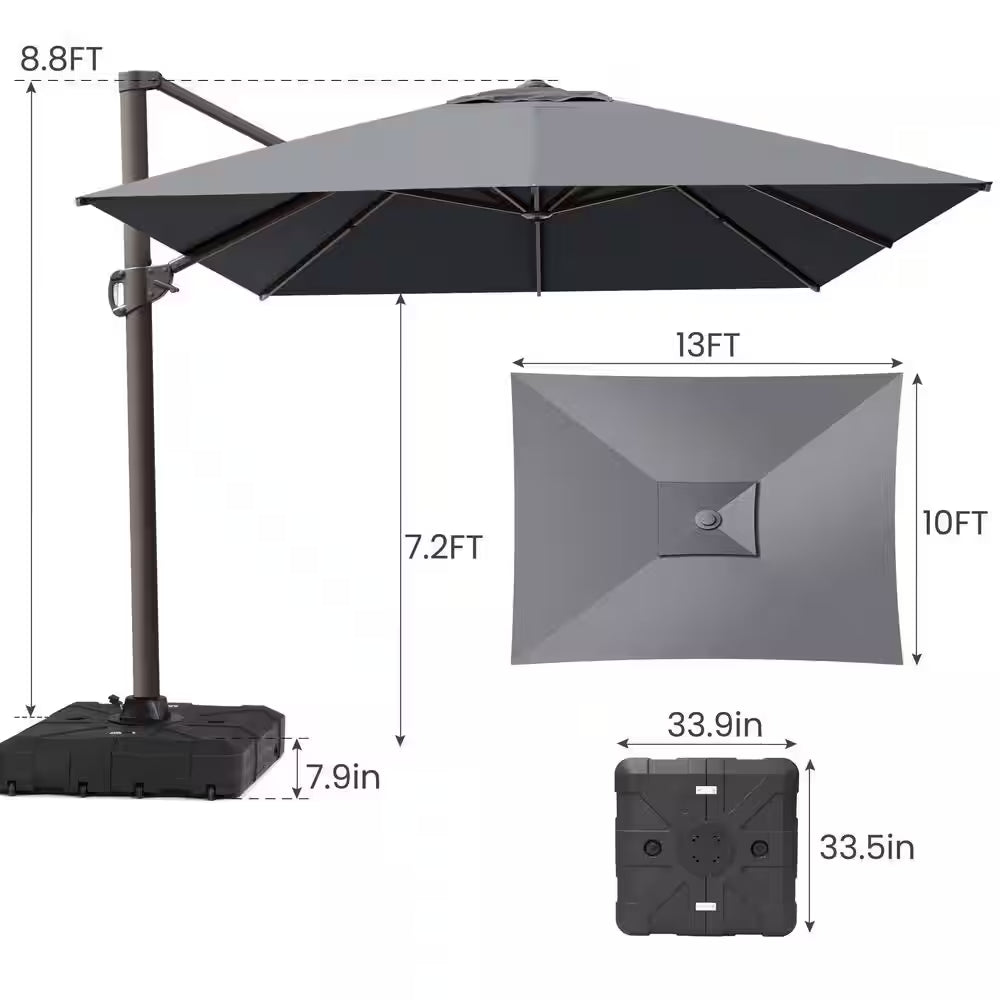 Rectangular Patio Cantilever Umbrella in Dark Gray 13 Ft. X 10 Ft. Aluminum Outdoor Umbrella with 350 Lb. Wheeled Base