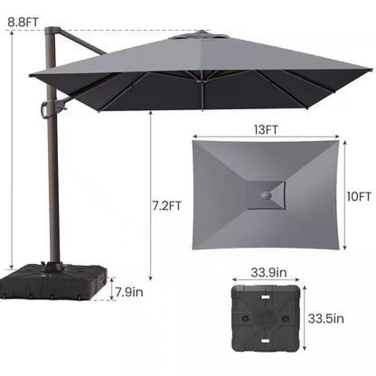 Rectangular Patio Cantilever Umbrella in Dark Gray 13 Ft. X 10 Ft. Aluminum Outdoor Umbrella with 350 Lb. Wheeled Base